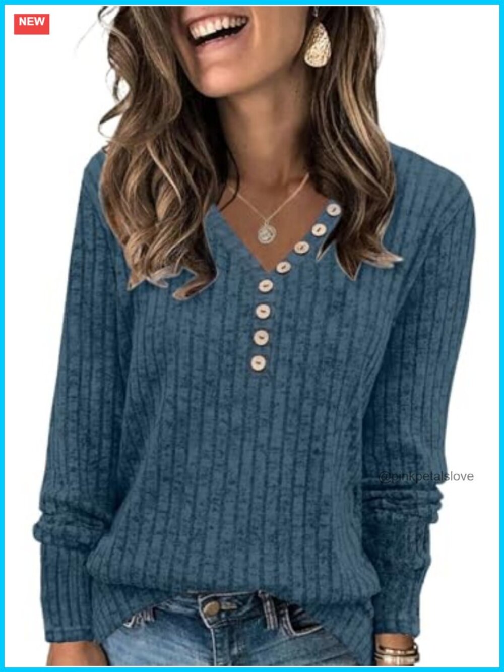 Women's Henley Knit Sweater Deep V-Neck Button Pullover Tunic